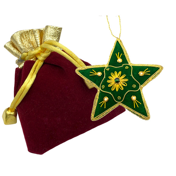 Zari Green Star Christmas Ornament, Zardozi Embroidery, Gift Bag - Picture 2 of 6